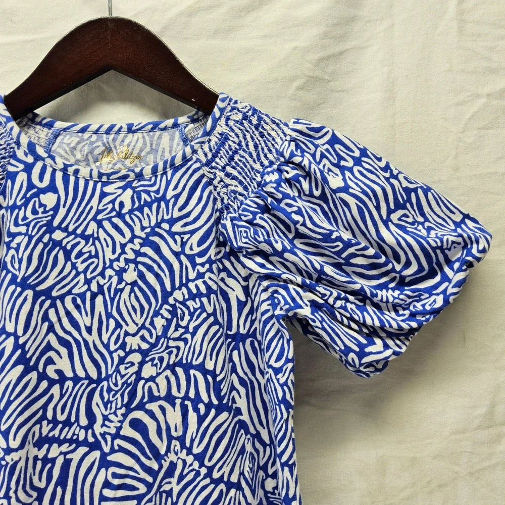 Lilly Pulitzer Top Kids XL 12-14 Blue White Abstract Zebra Off Shoulder Cotton